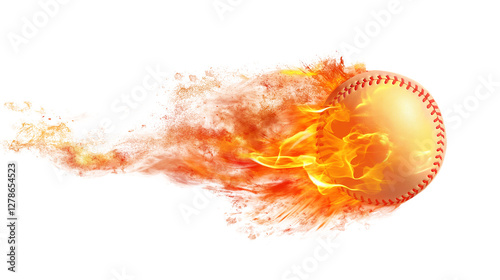 Burning baseball ball flying with flames isolated on white and transparent background, cut out png