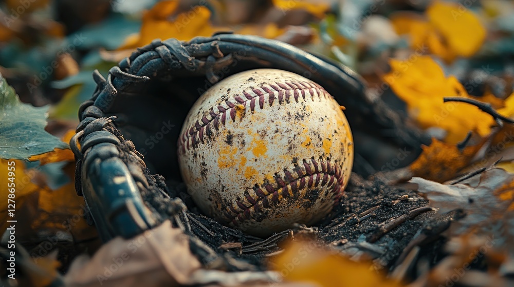 Worn baseball, glove, autumn leaves, ground, game Worn baseball, glove, autumn leaves, ground, game