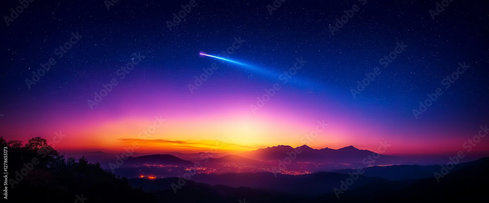 Fototapeta premium bright comet with blue tail streaks across night sky, illuminating vibrant colors of twilight over mountainous landscape. scene evokes sense of wonder and tranquility