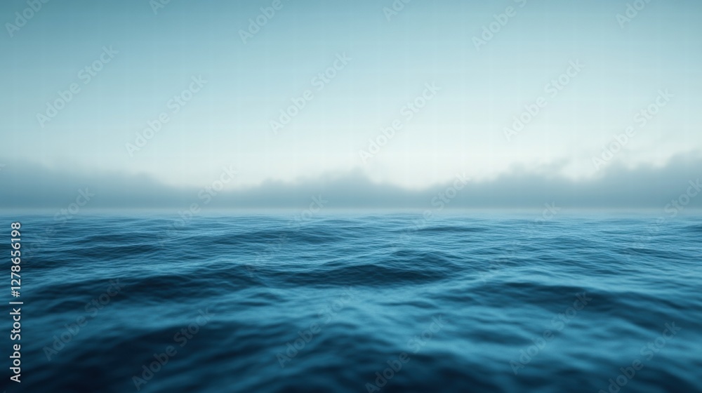 Obraz premium Misty Ocean Calm Sea Water Surface Blue Waves Foggy Horizon