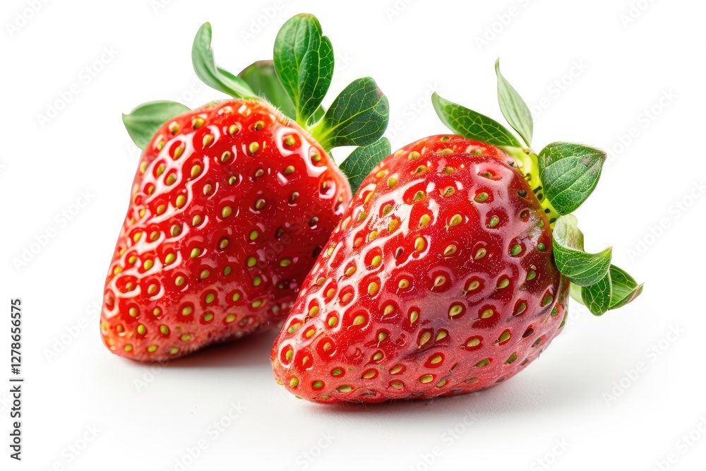 Two ripe strawberries with green leaves isolated on white Two ripe strawberries with green leaves isolated on white