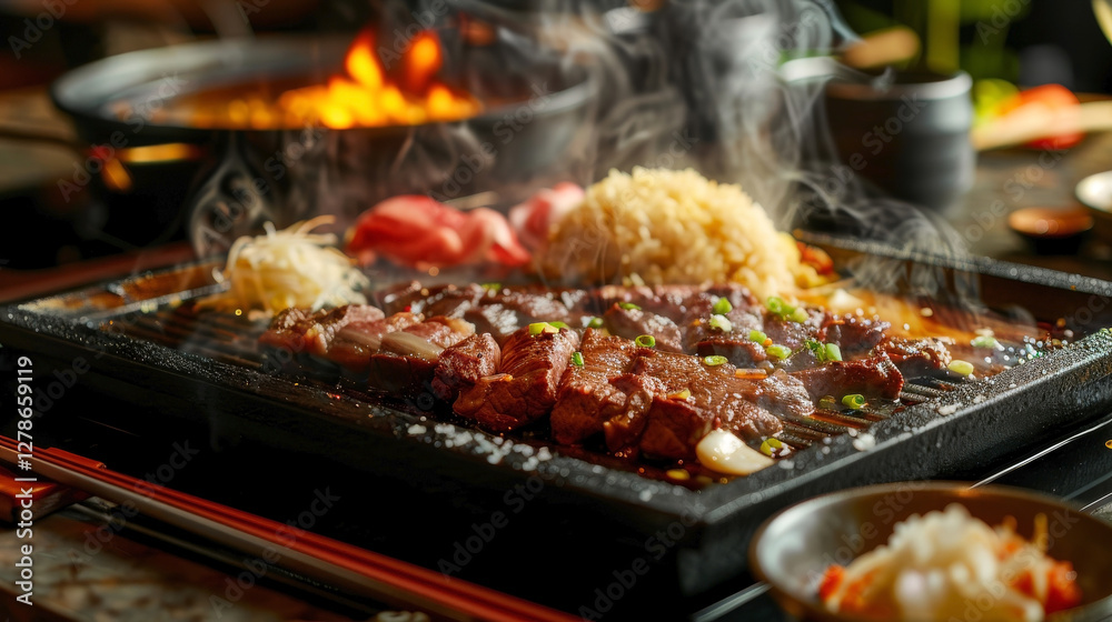 Teppanyaki Wagyu Beef Steak with Garlic Fried Rice, Grilled Vegetables, and Dipping Sauces Teppanyaki Wagyu Beef Steak with Garlic Fried Rice, Grilled Vegetables, and Dipping Sauces