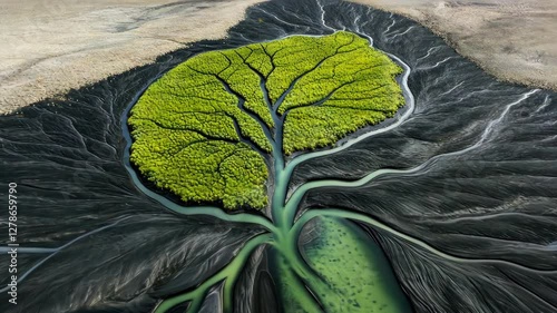 Aerial Nature Landscape Vibrant Green Trees in River Delta Showcasing Intricate Patterns and Natural Beauty