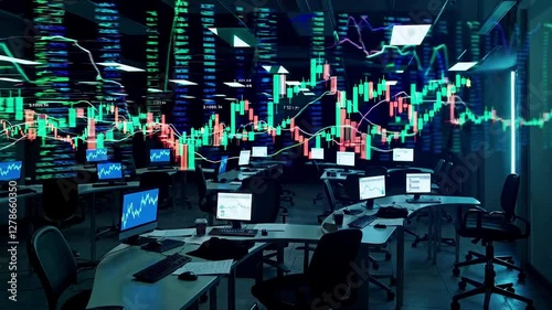 Dark stock trading room, holographic wall of stock market data chart flowing in slow motion
