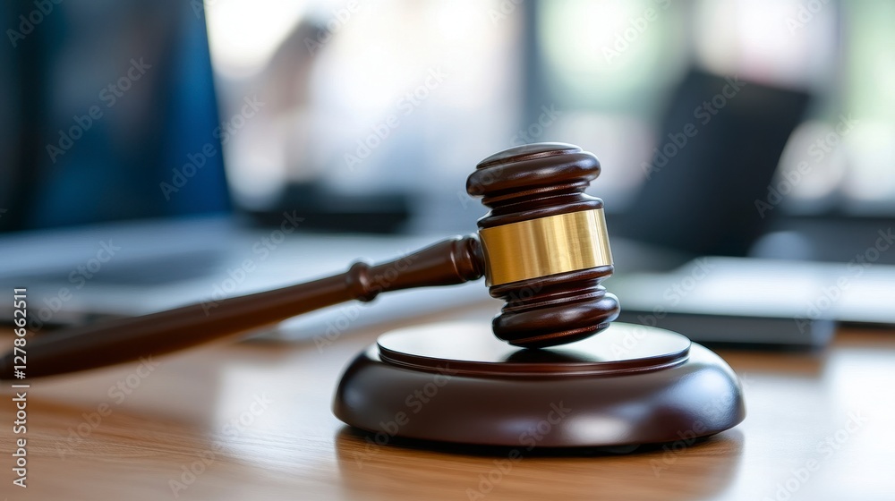 Dark Brown Wooden Gavel on Sound Block on Wooden Desk Dark Brown Wooden Gavel on Sound Block on Wooden Desk