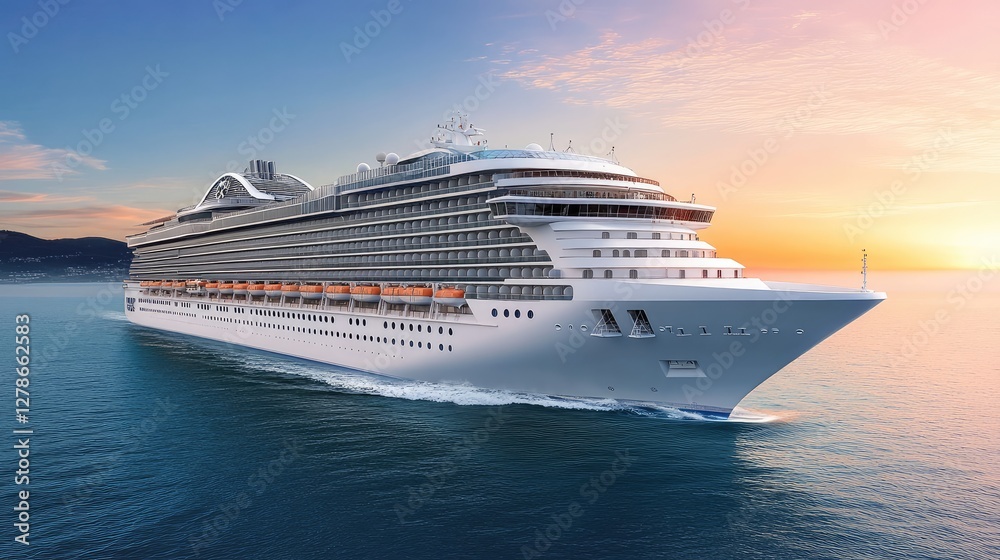 Distant view of a cruise ship on the horizon, wide open ocean, clean and elegant copy space. Distant view of a cruise ship on the horizon, wide open ocean, clean and elegant copy space.