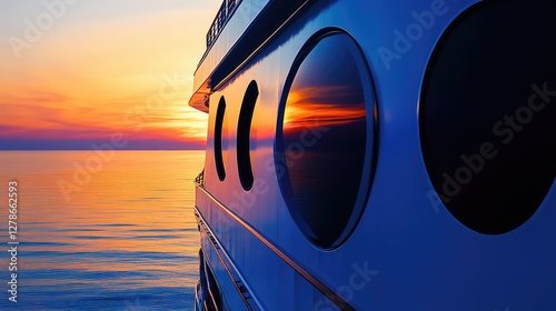Fototapeta Naklejka Na Ścianę i Meble -  Dramatic close-up of cruise ship windows reflecting sunset colors, abstract perspective, copy space.