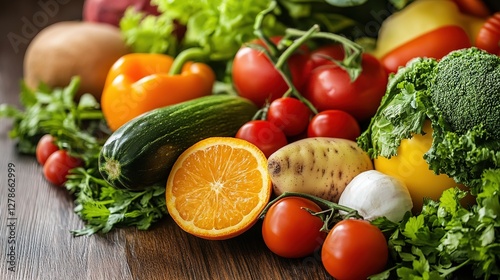 Close-up of vibrant fresh vegetables and fruits on wooden table, symbolizing healthy blood pressure foods, emphasizing natural nutrition and wellness.
