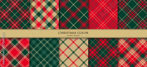 Traditional Christmas checkered patterns, Seamless vector plaid patterns/伝統的なクリスマスカラーのチェック柄のパターンセット