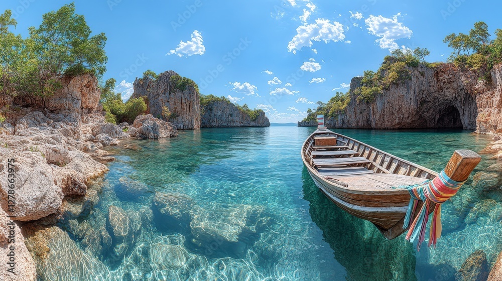 Obraz premium Serene longtail boat glides through crystal-clear waters, nestled amidst dramatic limestone cliffs under a vibrant blue sky. A picturesque tropical paradise scene.