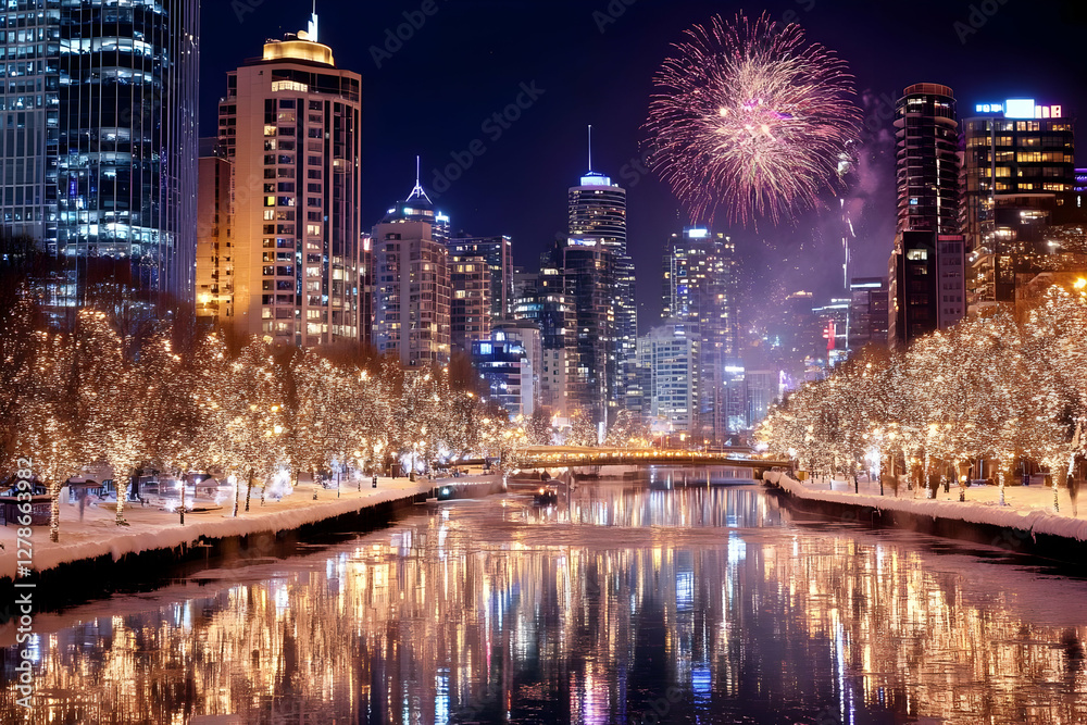 Fototapeta premium Night Cityscape Fireworks Winter River Illumination