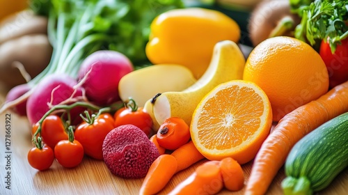 Close-up of vibrant fresh vegetables and fruits on wooden table, symbolizing healthy blood pressure foods, emphasizing natural nutrition and wellness.
