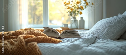 Cozy bedroom, open book, autumn view