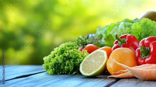 Close-up of vibrant fresh vegetables and fruits on wooden table, symbolizing healthy blood pressure foods, emphasizing natural nutrition and wellness.
