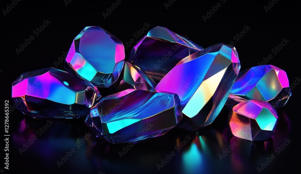Iridescent gemstones pile on dark background.
