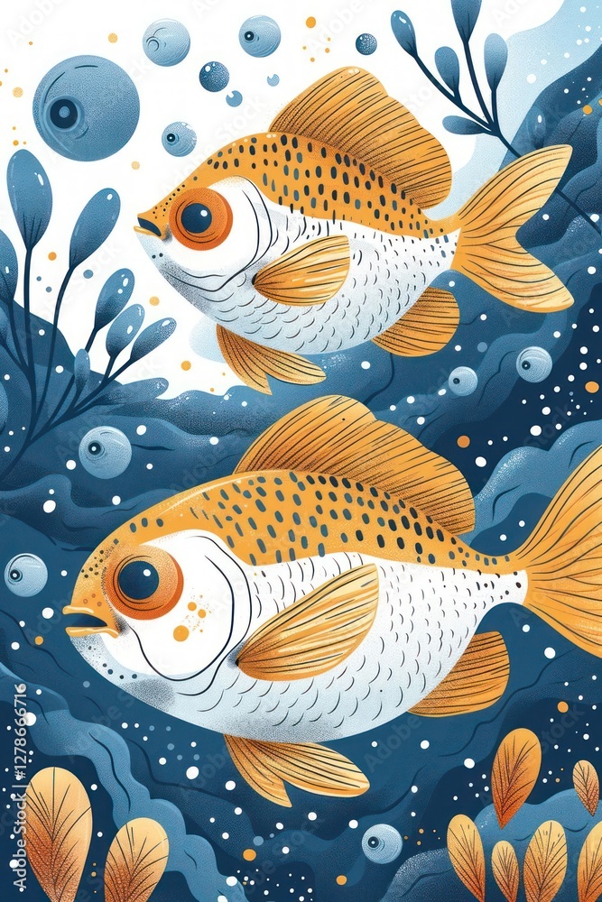 Naklejka premium Two stylized fish swimming in a colorful underwater scene with plants and bubbles.
