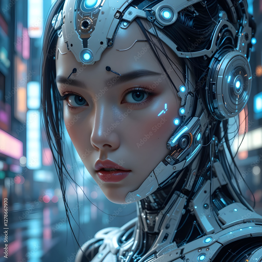 Fototapeta premium highly detailed digital painting of a futuristic cybernetic woman