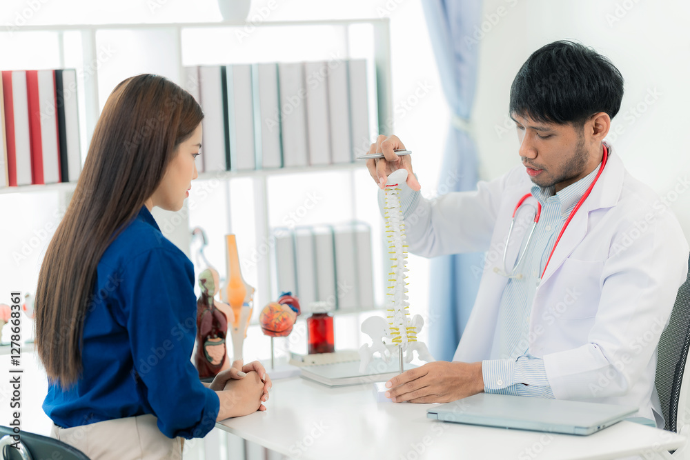 A male orthopedist gives advice to female patients and lectures to female patients in the hospital. medical health care A male orthopedist gives advice to female patients and lectures to female patients in the hospital. medical health care