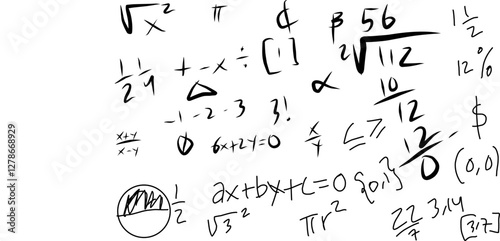 set of mathematical symbols in doodle style. world of mathematics. hand drawing mathematical expressions.