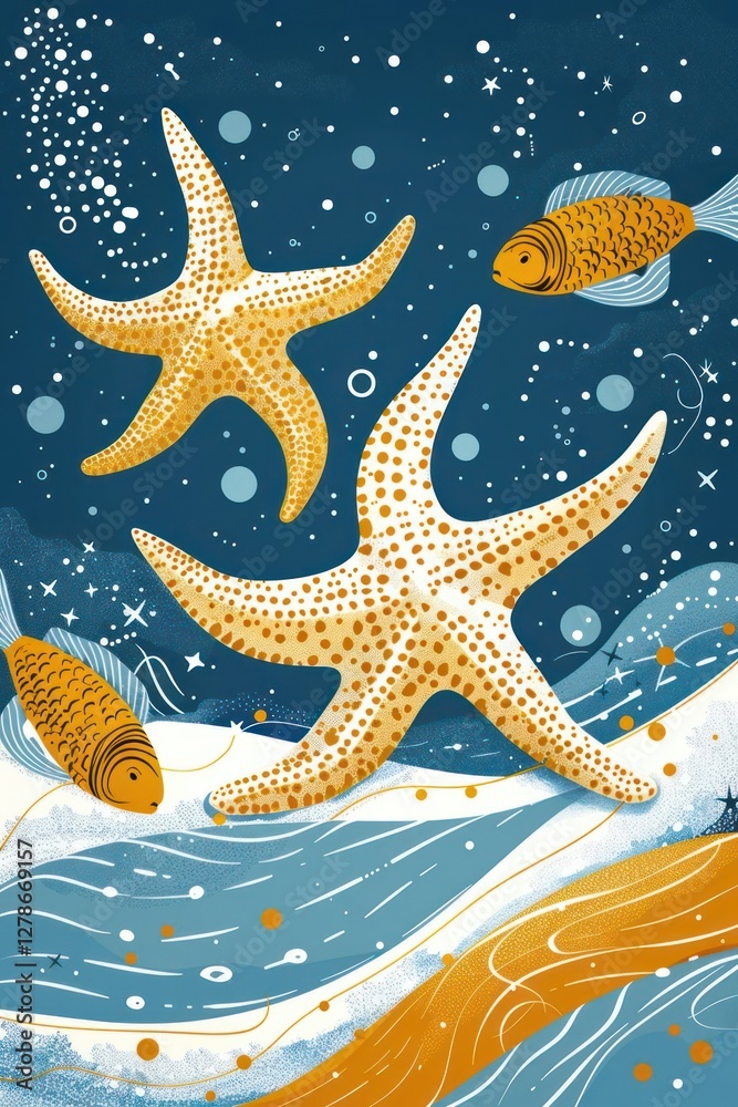 A colorful underwater scene featuring starfish and fish amidst swirling waves. A colorful underwater scene featuring starfish and fish amidst swirling waves.