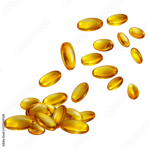 A few yellow fish oil soft gels scattered on the ground, a transparent background PNG element