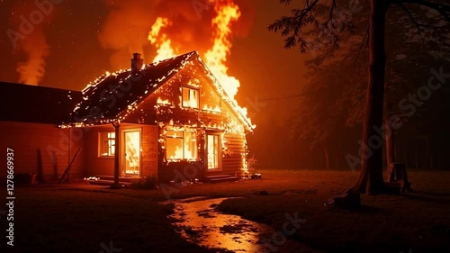 Intense fire engulfs house at night, causing massive flames and smoke in rural area