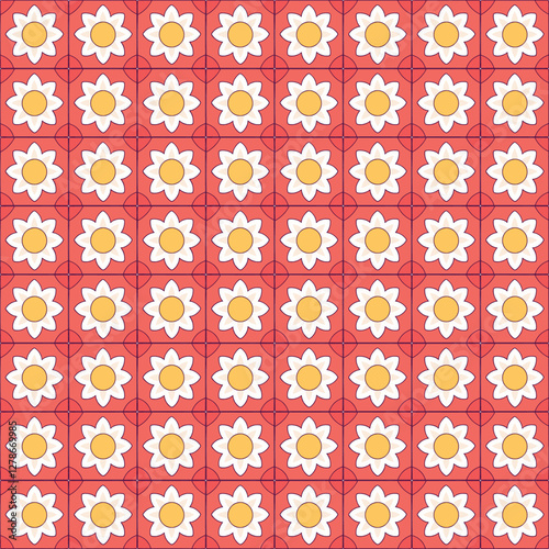 Tile seamless floral pattern design with red background.
