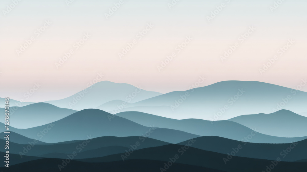 Minimalist blue mountain landscape fading in the distance with fog and a clear sky at sunrise Minimalist blue mountain landscape fading in the distance with fog and a clear sky at sunrise