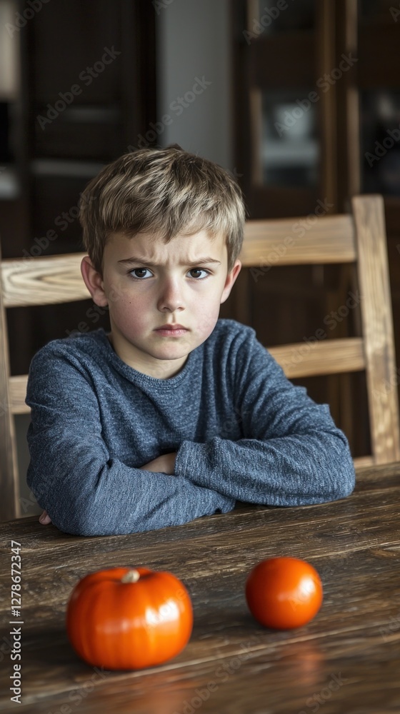 Fototapeta premium Boy with crossed arms, looking at tomatoes, kitchen setting