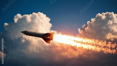 Rocket launch showcases powerful ascent into the blue sky with vibrant flames and smoke trail