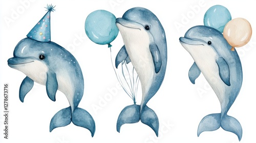 Gentle Watercolor Dolphin Wearing a Party Hat with Balloons isolated on white background