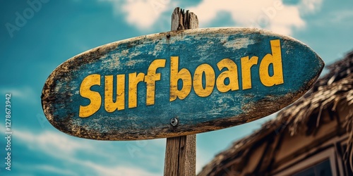 Rustic Wooden Surfboard Signage Against Blue Sky with Beach Shack and Wispy Clouds in the Background, Symbolizing Adventure and Beach Lifestyle