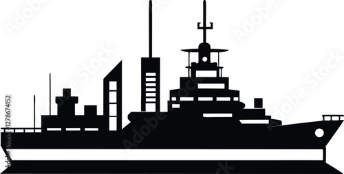 Minimalist Black Warship Silhouette Vector Illustration | Simple Naval Vessel Icon for Military, Battleship, Maritime Defense, and Ocean Warfare Design Elements