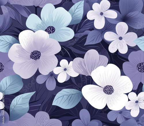 Floral pattern featuring pale lilac, soft grayish blue, and muted flowers, Seamless Pattern Style.