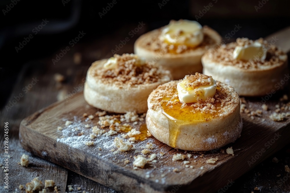 crumpets on a rustic wooden board, topped with melting butter and drizzled with honey. The crumpets have a distinctive spongy texture, with numerous small holes on their surface. Scattered crumbs surr crumpets on a rustic wooden board, topped with melting butter and drizzled with honey. The crumpets have a distinctive spongy texture, with numerous small holes on their surface. Scattered crumbs surr