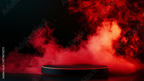 black empty podium surrounded by red smoke on dark background creates dramatic atmosphere. Perfect for presentations or awards