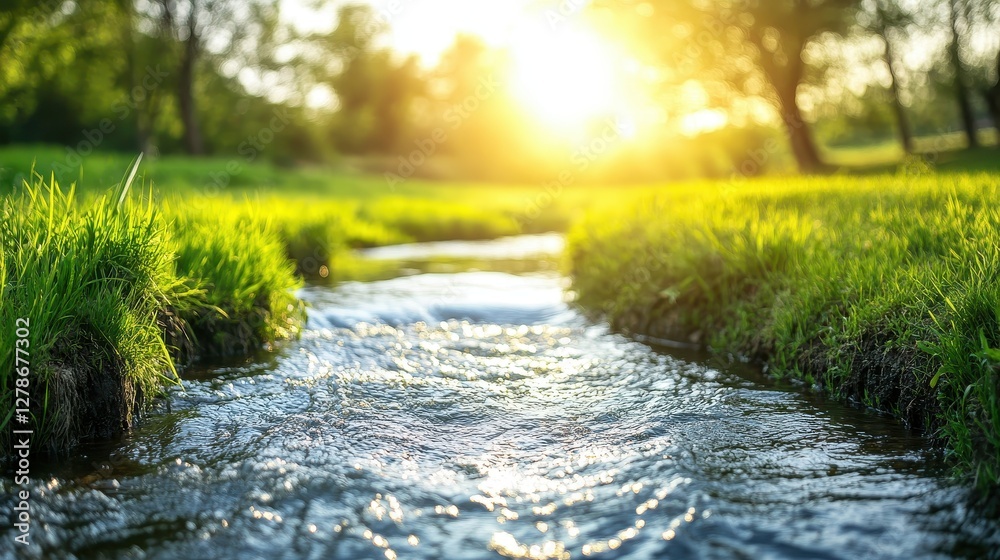 Fototapeta premium Sunlight Glimmers on a Serene Stream Through Lush Green Grass