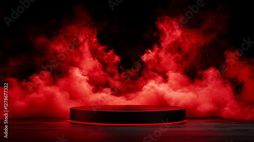 black podium for product presentation surrounded by dramatic red smoke creates striking visual effect. scene evokes sense of anticipation and excitement