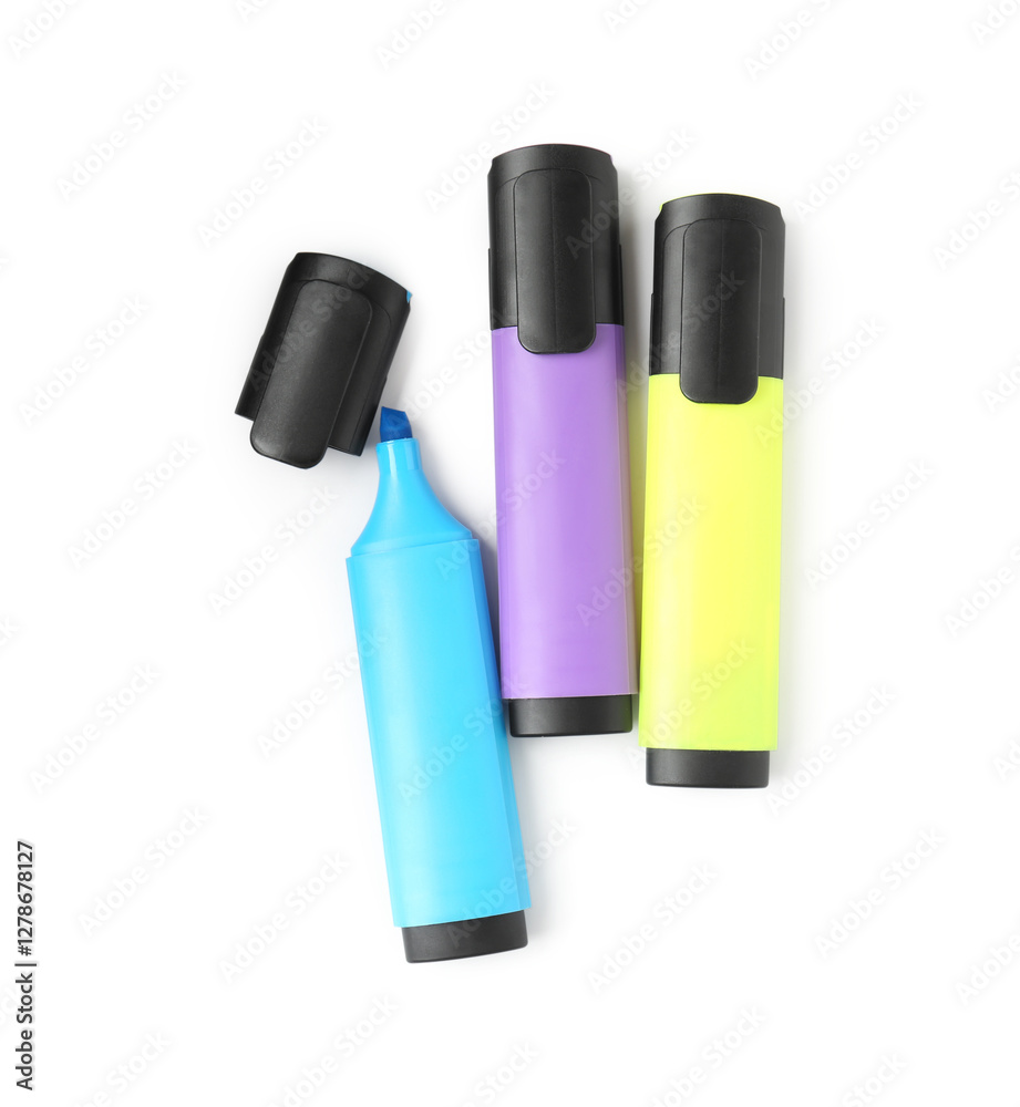 Bright highlighters isolated on white, top view Bright highlighters isolated on white, top view