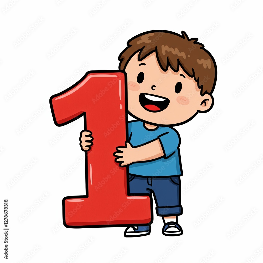 Child with a large red number one. Child with a large red number one.