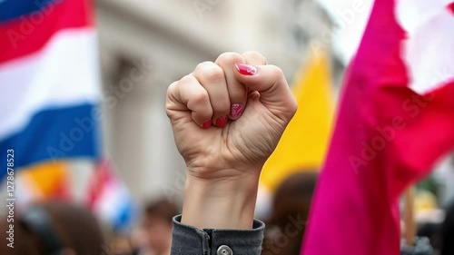 Raising a fist during a rally for social justice in a vibrant city center filled with colorful flags and passionate supporters