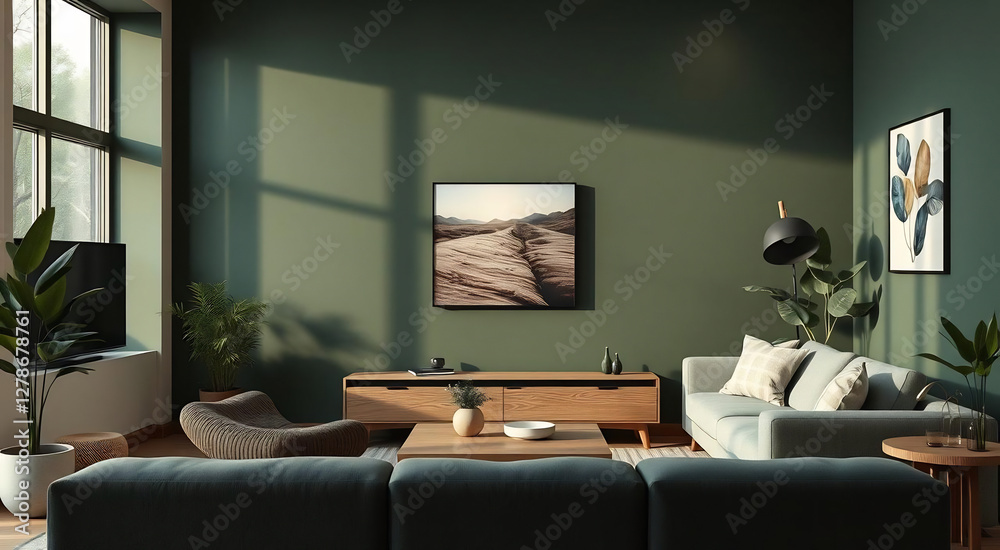 Fototapeta premium Inviting Living Room Interior With Green Walls And Modern Furniture With Natural Lighting
