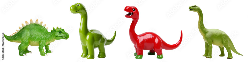 Plastic dinosaur toys in various colors on a transparent background. Plastic dinosaur toys in various colors on a transparent background.