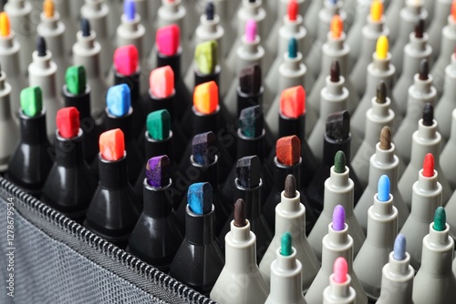 Canvas-taulu Many colorful markers in bag, closeup. Art supplies