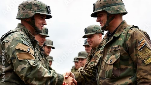 Military personnel engage in a handshake while wearing camouflage uniforms during a collaborative training exercise