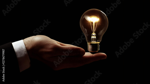 Businessman is holding a glowing light bulb in his open hand, symbolizing innovation and new ideas