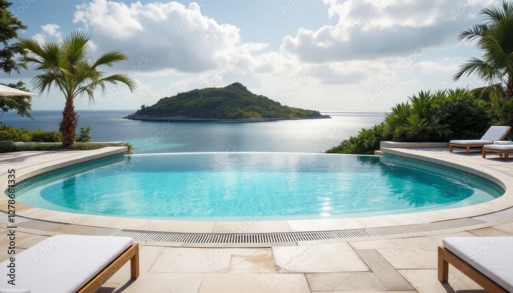 Scenic poolside view with an island in the background Scenic poolside view with an island in the background