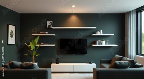 Modern Minimalist Living Room Interior with Dark Green Walls and Floating Shelves