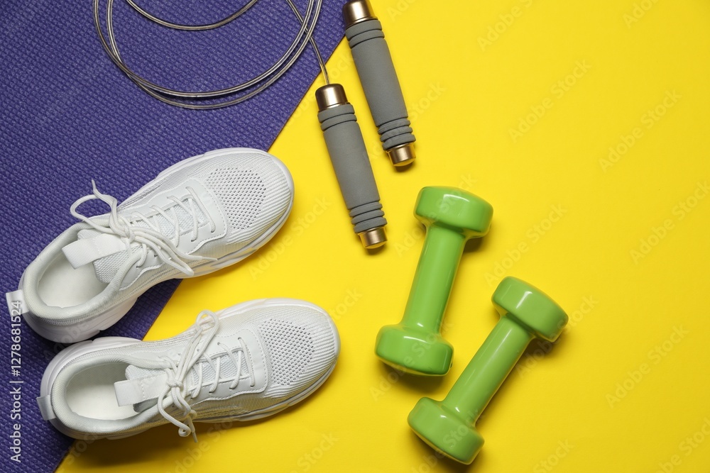 Fototapeta premium Dumbbells, sneakers, fitness mat and skipping rope on yellow background, flat lay. Space for text