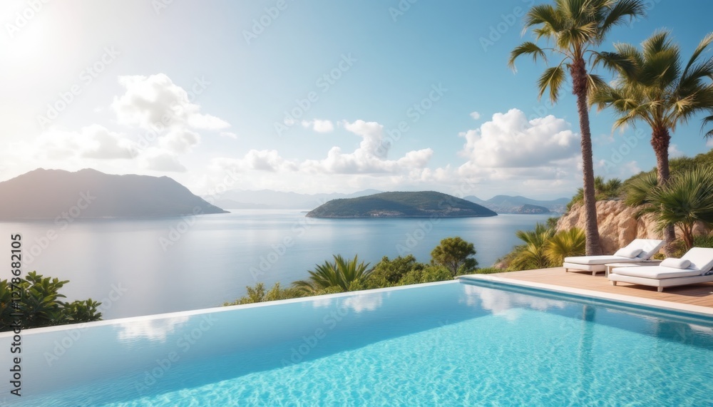 Scenic poolside view with an island in the background Scenic poolside view with an island in the background